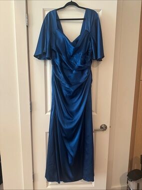Deep Blue Satin Wedding Guest Dress with Draped Bodice